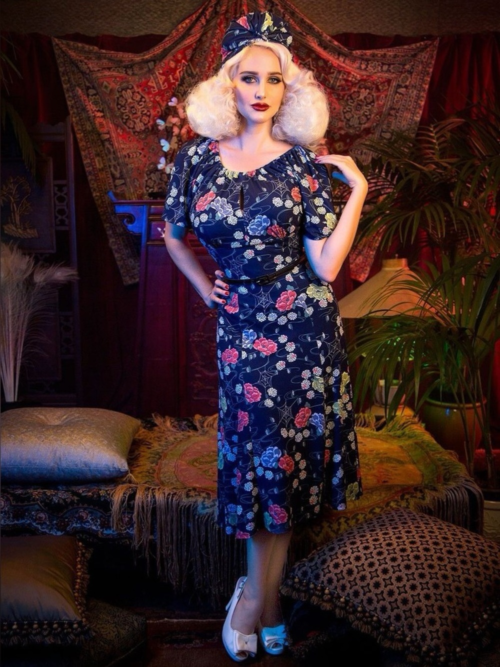 Pinup Couture Butterfly Sleeve Dress with Spiderweb and Flower print